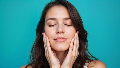 Serene Portrait of a Young Woman with Long Dark Hair Against a Teal Background