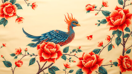 Obraz premium Chinese style fabric pattern with a bird on a background of flowers.