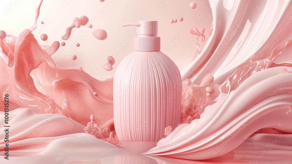 Poster a rich 3d rendering of an elegant shampoo bottle with a matte texture, surrounded by flowing liquid 