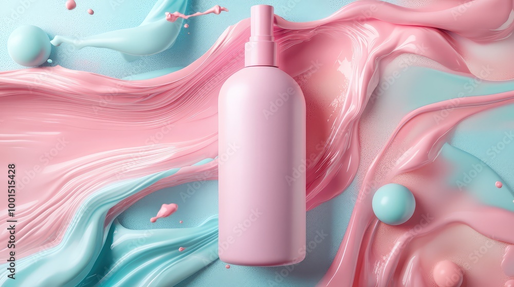 Poster a rich 3d rendering of an elegant shampoo bottle with a matte texture, surrounded by flowing liquid 