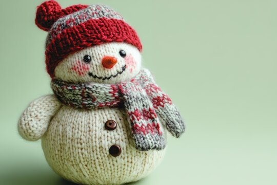 Handmade knitted snowman with red hat scarf on green