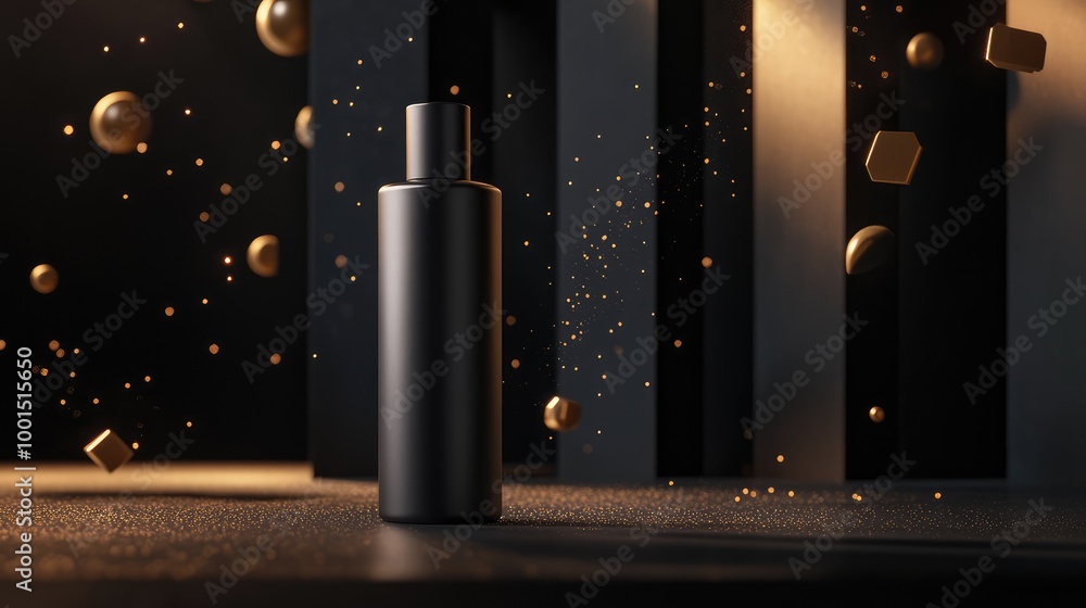 Poster a sleek 3d rendering of a matte-finish shampoo bottle, surrounded by soft golden light and floating 
