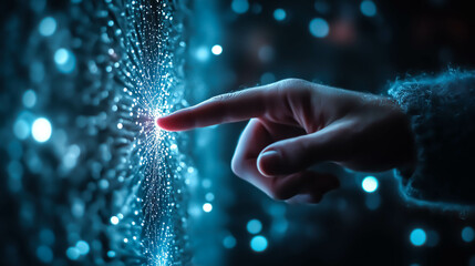 A human hand touches a neural network. The concept of the connection between humanity and technology, artificial intelligence, innovation and communication. Generative AI.