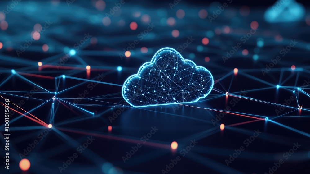 Poster sleek tech background with a prominent cloud logo amidst a network of interconnected digital connect