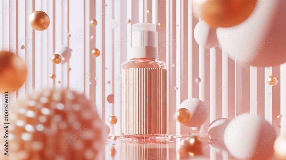 Poster a sophisticated 3d design of a shampoo bottle surrounded by delicate floating geometric shapes and s