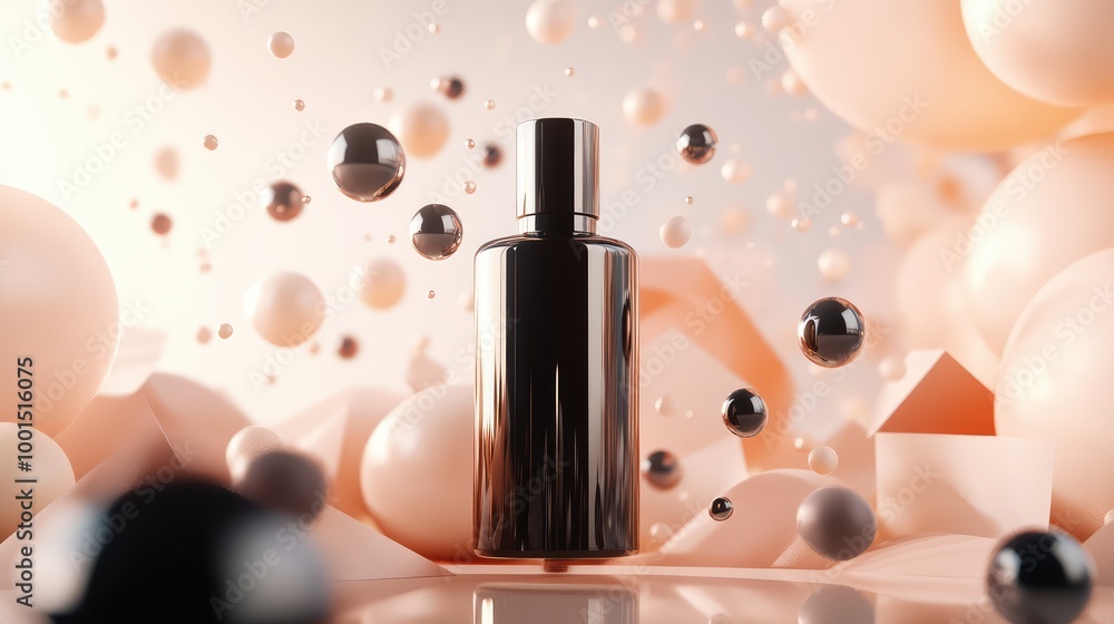 Poster a sophisticated 3d design of a shampoo bottle surrounded by delicate floating geometric shapes and s