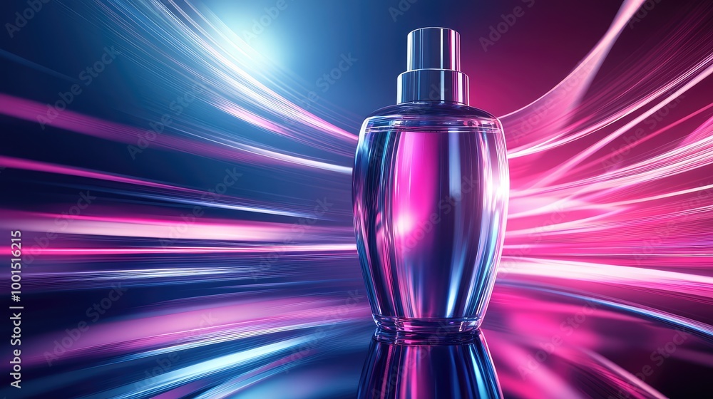 Poster a sophisticated 3d image of a shampoo bottle with sleek lines and reflective surfaces, surrounded by