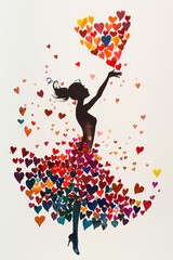 Silhouette of a woman in a colorful dress with hearts, symbolizing love, art, and romantic elegance