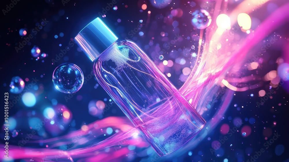 Aufkleber a vibrant 3d depiction of a shampoo bottle in motion, surrounded by abstract light trails and floati