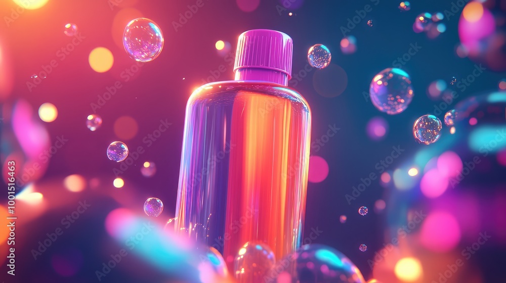 Aufkleber a vibrant 3d depiction of a shampoo bottle in motion, surrounded by abstract light trails and floati