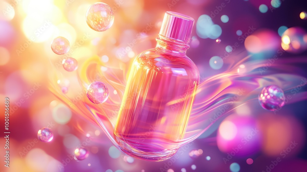 Aufkleber a vibrant 3d depiction of a shampoo bottle in motion, surrounded by abstract light trails and floati