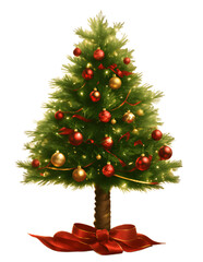 decorated Christmas tree with ribbon illustration with transparent background