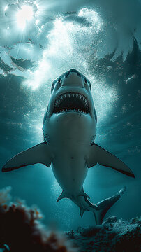 Dangerous shark predator swimming underwater in the ocean with marine wildlife in the deep sea.
