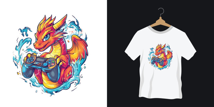 T-shirt Design with  an anime-style dragon holding a game controller with glowing energy around it