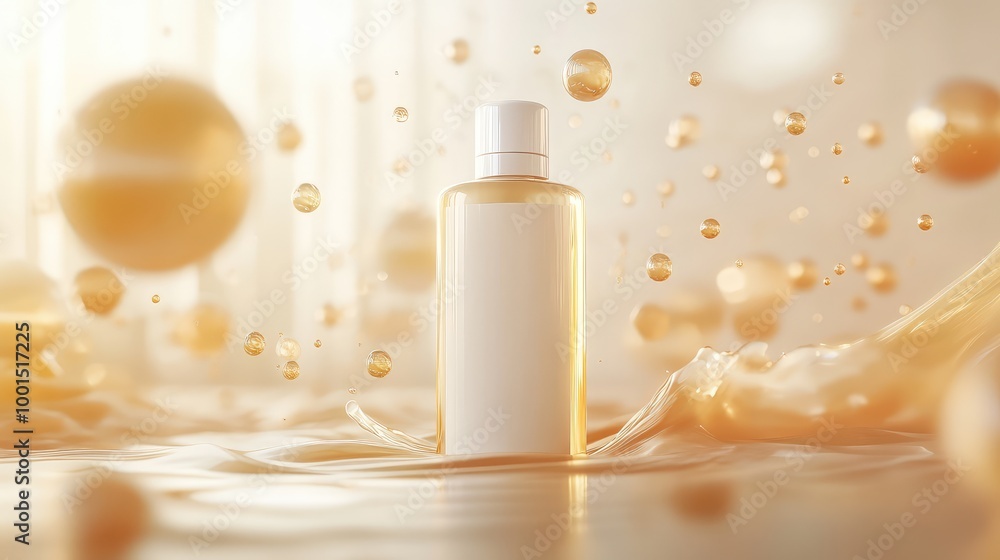Poster an abstract 3d depiction of a shampoo bottle surrounded by floating liquid shapes and shimmering gol