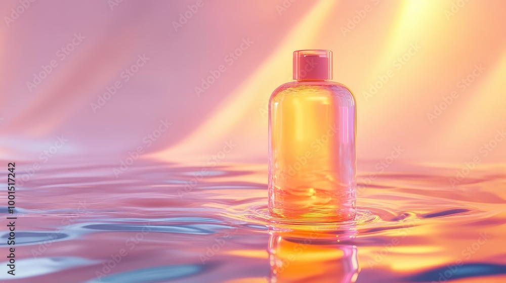 Aufkleber an abstract 3d visualization of a shampoo bottle with flowing liquid-like textures, placed on a glos