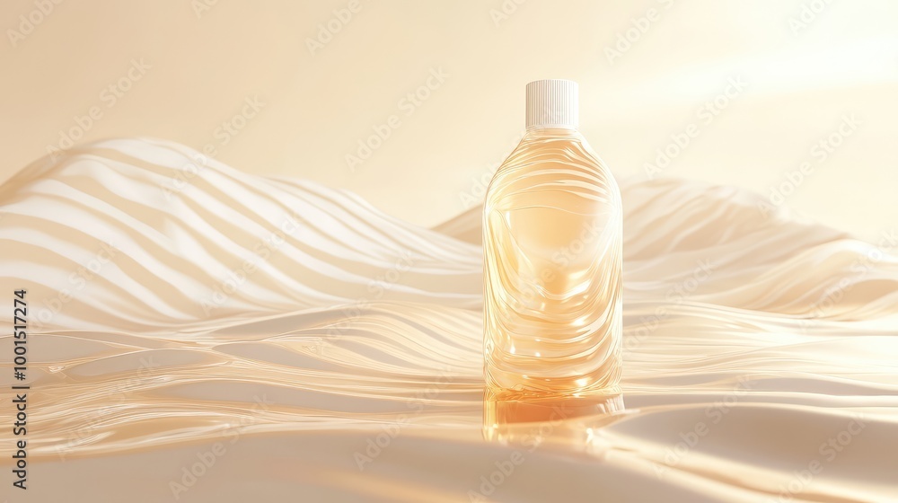 Poster an abstract 3d visualization of a shampoo bottle with flowing liquid-like textures, placed on a glos