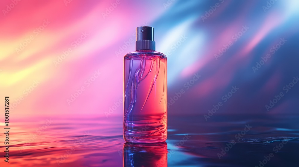Aufkleber an abstract 3d visualization of a shampoo bottle with flowing liquid-like textures, placed on a glos