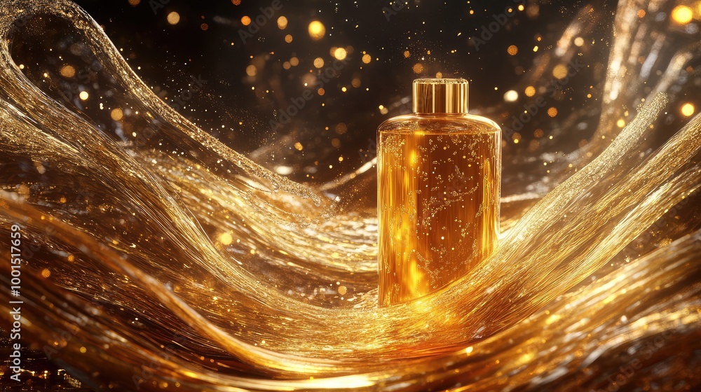Poster an artistic 3d rendering of a shampoo bottle surrounded by abstract waves and golden liquid patterns