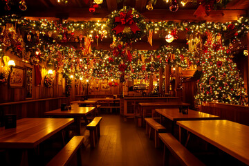 A beer hall filled with festive decorations.