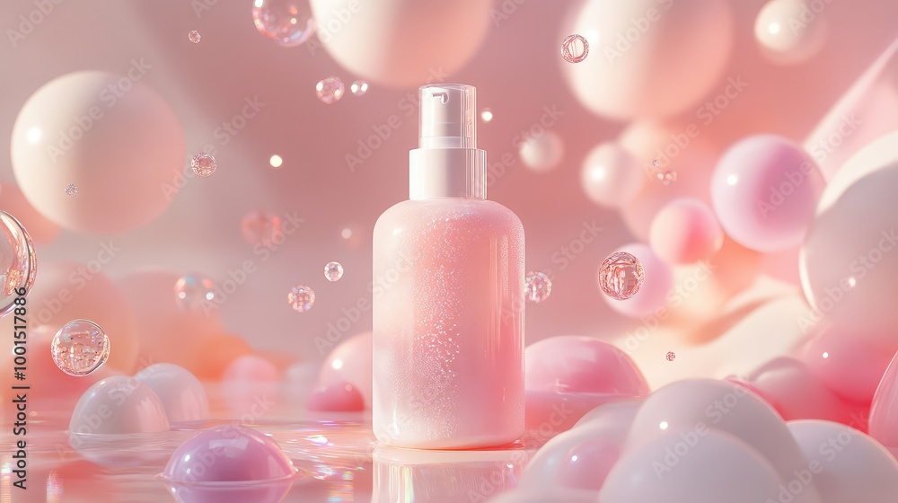 Poster an ethereal 3d rendering of a shampoo bottle surrounded by floating transparent shapes and soft past