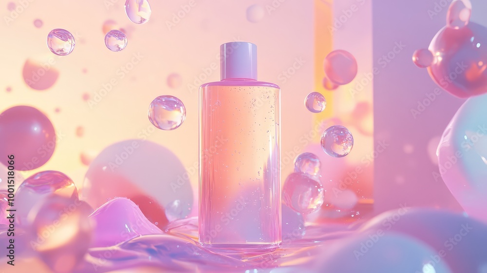 Poster an ethereal 3d rendering of a shampoo bottle surrounded by floating transparent shapes and soft past
