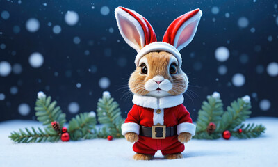 A cute bunny in a Santa suit stands in the snow with a festive backdrop