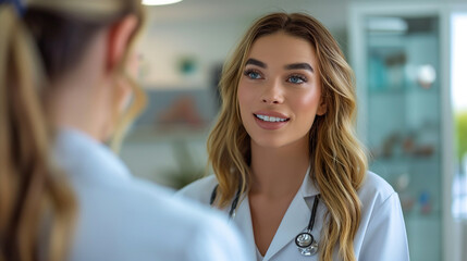 Fototapeta premium Smiling female doctor with stethoscope in hospital, portrait of a professional healthcare worker