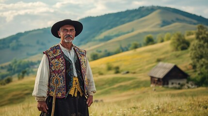 A man dressed in a traditional Romanian folk costume