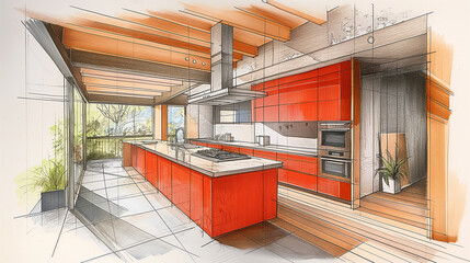 A sketch of a modern kitchen with red furniture, island, and contemporary design elements