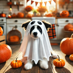 Adorable Border Collie puppy in ghost costume for Halloween.