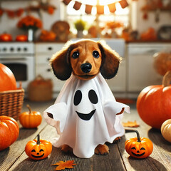 Adorable Dachshund puppy in ghost costume for Halloween.