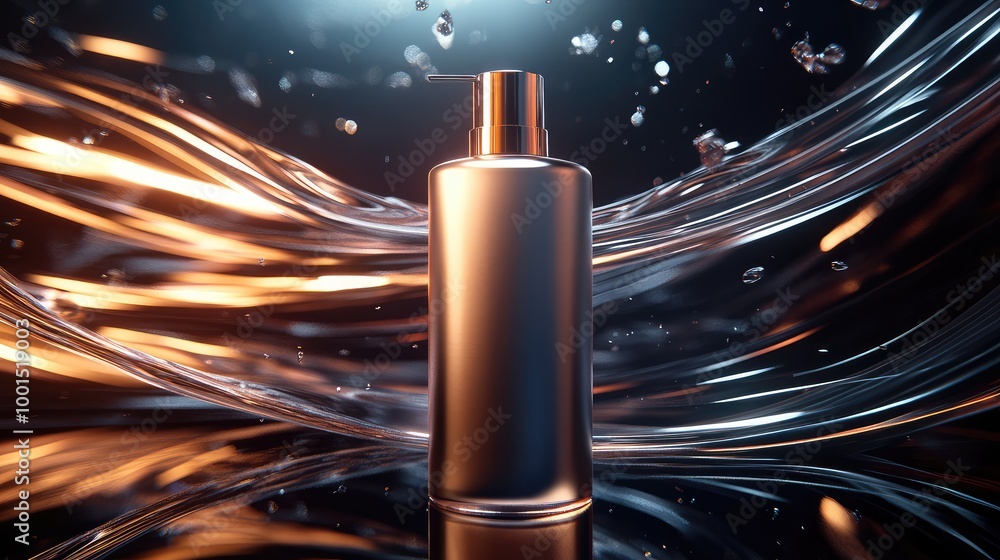 Poster a captivating 3d depiction of a matte shampoo bottle with sleek metallic details, surrounded by dyna