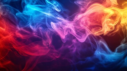 Abstract colorful smoke or ink in blue, red, and yellow on a dark background.