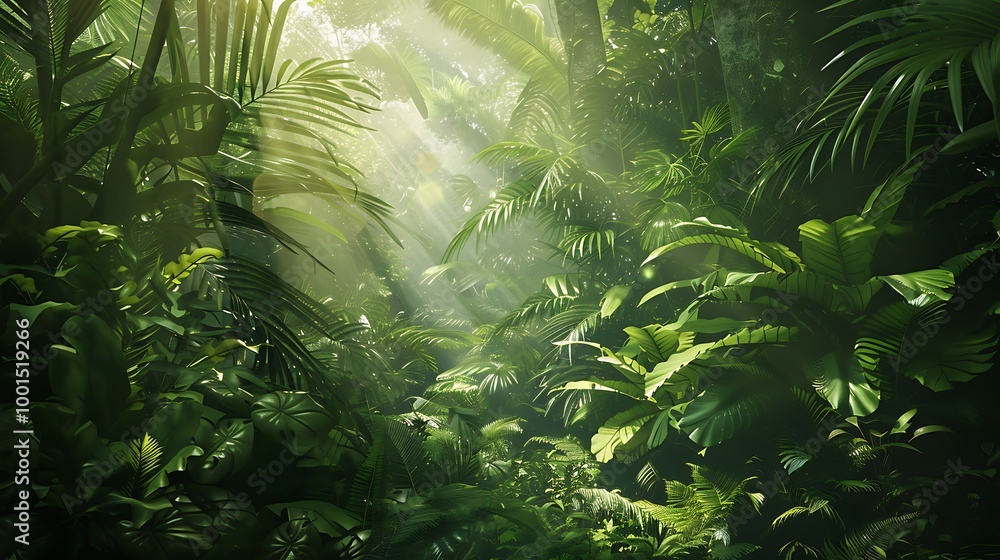 Poster sunlight filtering through lush jungle foliage, creating a dappled effect on the forest floor