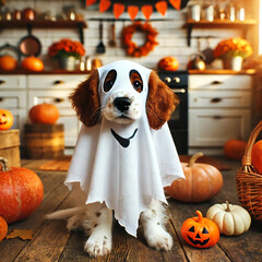 Adorable Welsh Springer Spaniel puppy in ghost costume for Halloween.