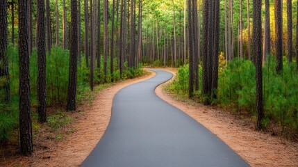 Fototapeta premium Tranquil cycling trail meandering through a lush pine forest, inviting exploration and connection with nature.