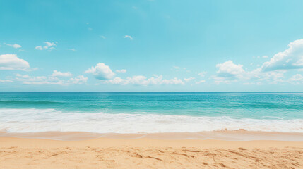 Fototapeta premium Tranquil Beach Escape, serene shoreline with gentle waves lapping the sand, clear blue sky above, inviting atmosphere perfect for relaxation and reflection, ideal for vacation inspiration