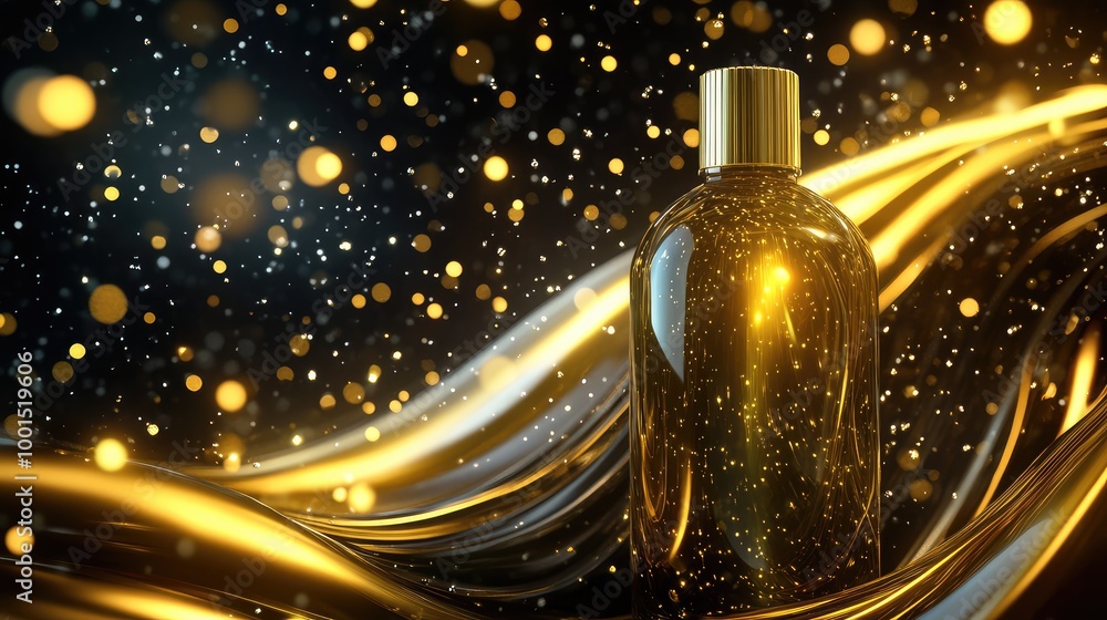 Poster a dynamic 3d design of a glossy shampoo bottle, set against an abstract background of swirling metal