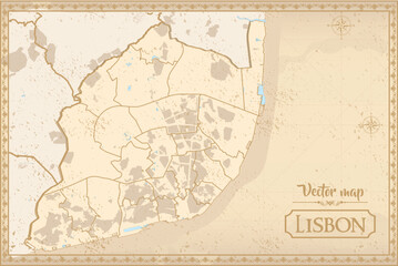 Map of Lisbon (capital and city of Portugal)in the old style, brown graphics in retro fantasy style