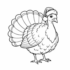 Outline drawing of a turkey wearing a Santa hat for festive coloring fun