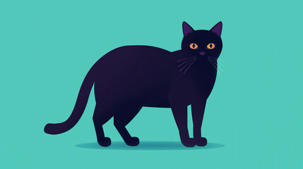 Obraz premium Arched Black Cat with Glowing Eyes in Flat Design, a striking digital artwork showcasing the elegance and mystique of a feline silhouette against a bold background