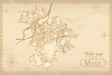 Obraz premium Map of Metz in the old style, brown graphics in retro fantasy style. city in France.