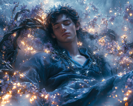 male fae resting in a mystical bed of glowing flowers and vines
