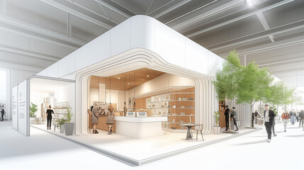 Modern exhibition booth interior design at a trade fair showcasing minimalist architecture