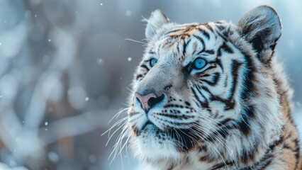 Majestic white tiger with blue eyes gazing into the snow-filled sky