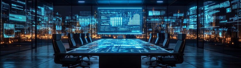 Obraz premium A sleek, futuristic conference room features a high-tech table, illuminated screens, and a cityscape view, emphasizing technology and collaboration.