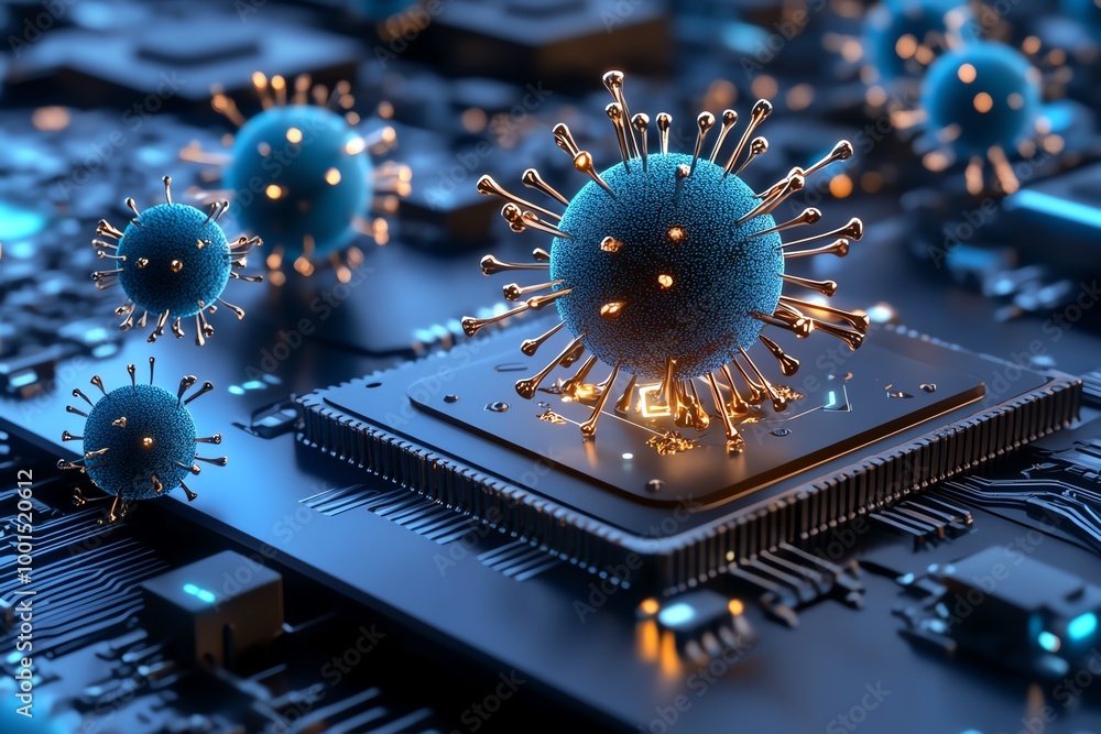 Aufkleber Malware invasion shown as 3D digital viruses piercing through floating computer systems and disrupting circuits