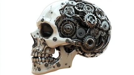 Mechanical skull with intricate gears and cogs, blending human anatomy with robotics, illustrating the concept of artificial intelligence.