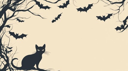 Silhouette of a black cat sitting under a tree with bats flying around on a pale background, ideal for Halloween themed designs.